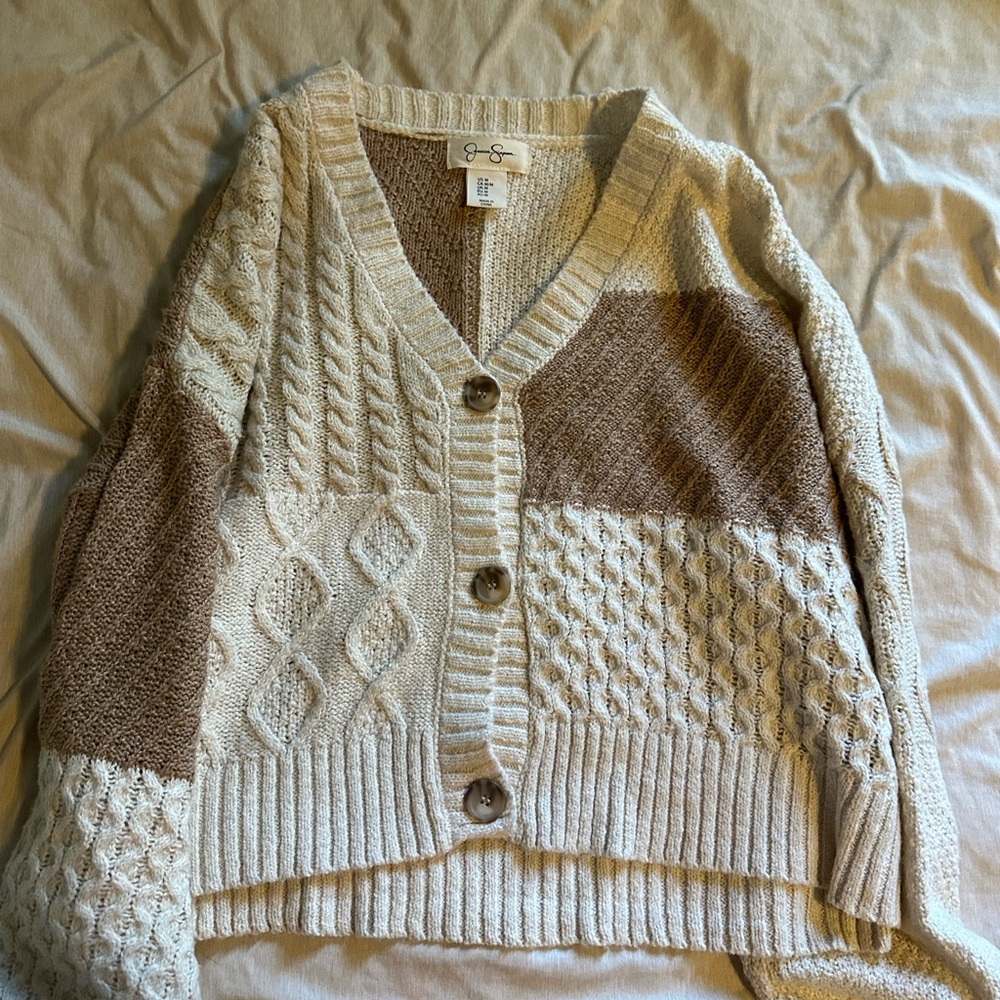 BP Cream and Brown Patchwork Cropped Sweater